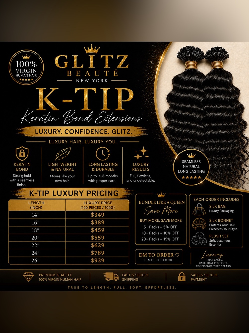 K-Tip Keratin Bond Hair Extensions - Black